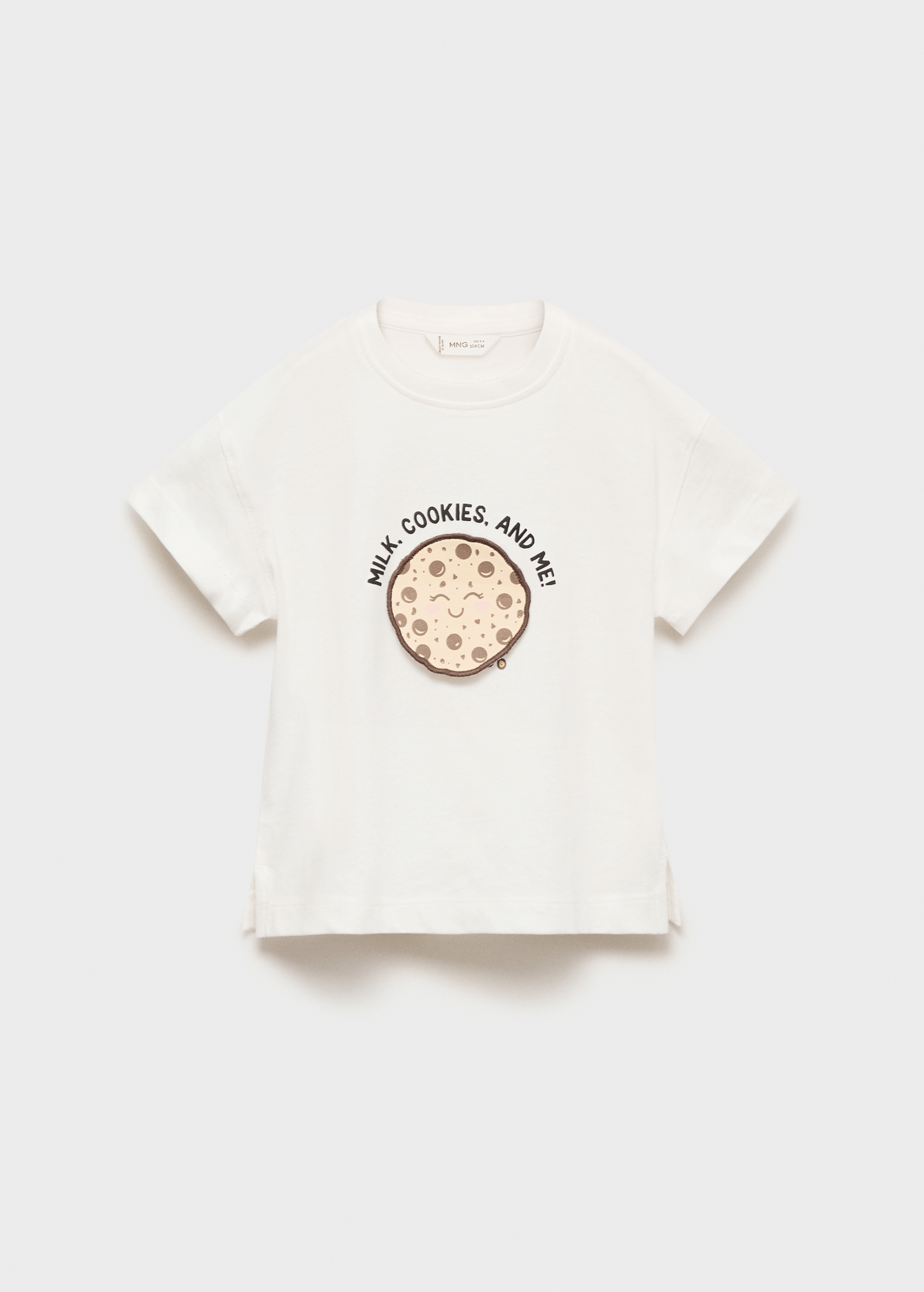 White short-sleeved T-shirt with a cute cookie graphic and text.