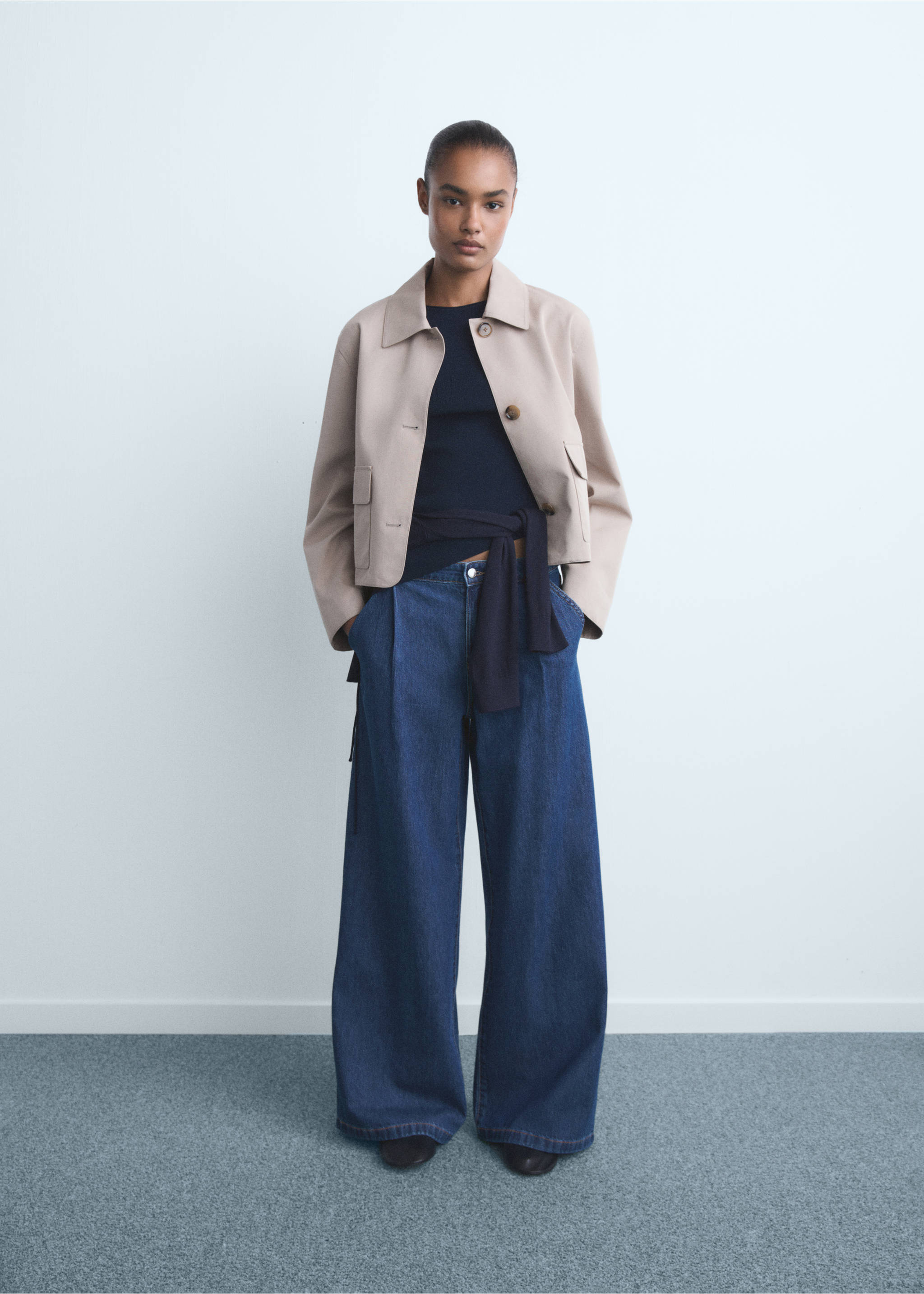 Wideleg jeans met bandplooien - Overzichtstekening, Open blauw. Ref: 17001212-00.
