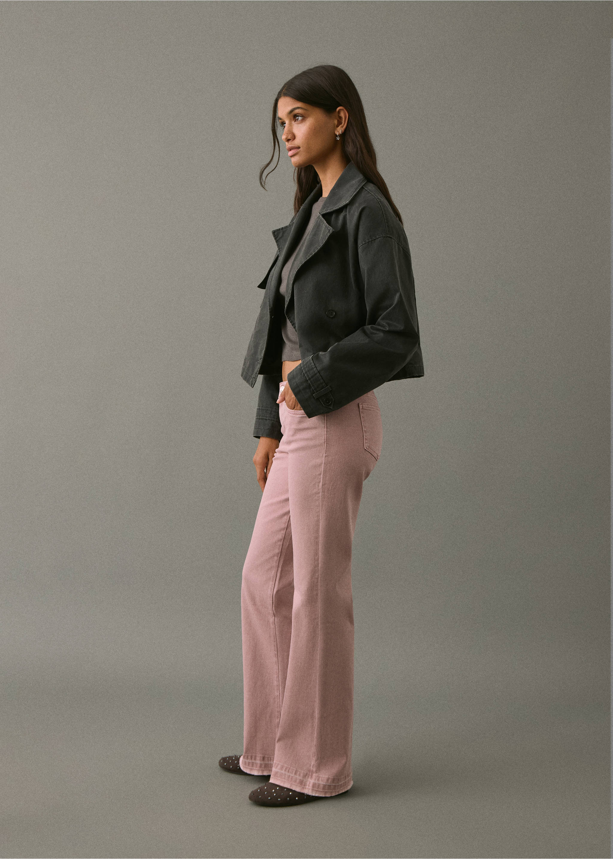 Jeans flare costuras decorativas - Plano medio, Rosa pastel. Ref: 17001221-00.
