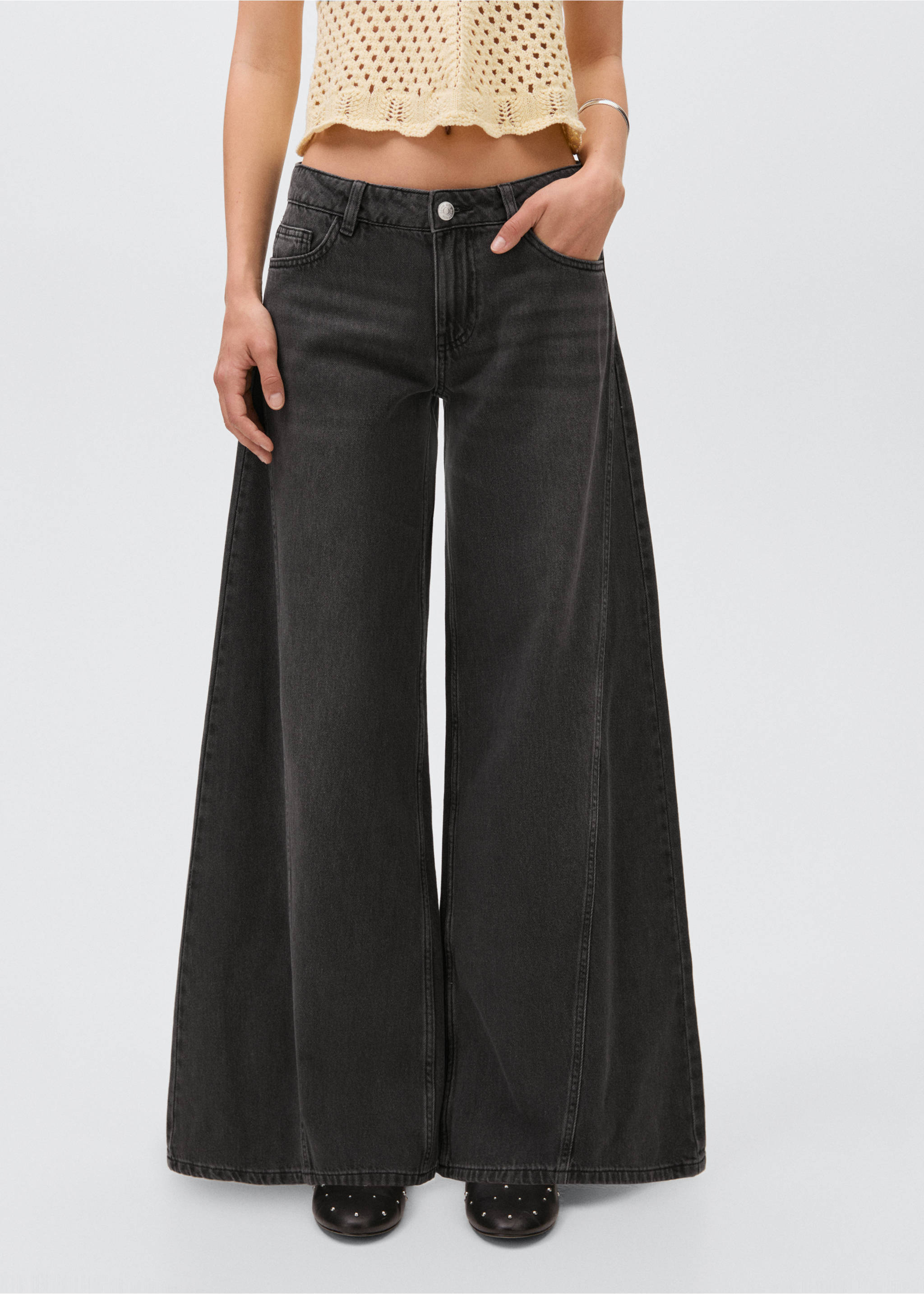 Wide leg jeans with seam detail - Medium plane, Black denim. Ref: 17001222-00.