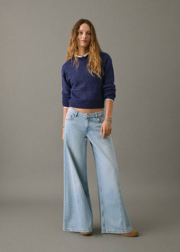 Wide leg jeans with seam detail — Light Blue