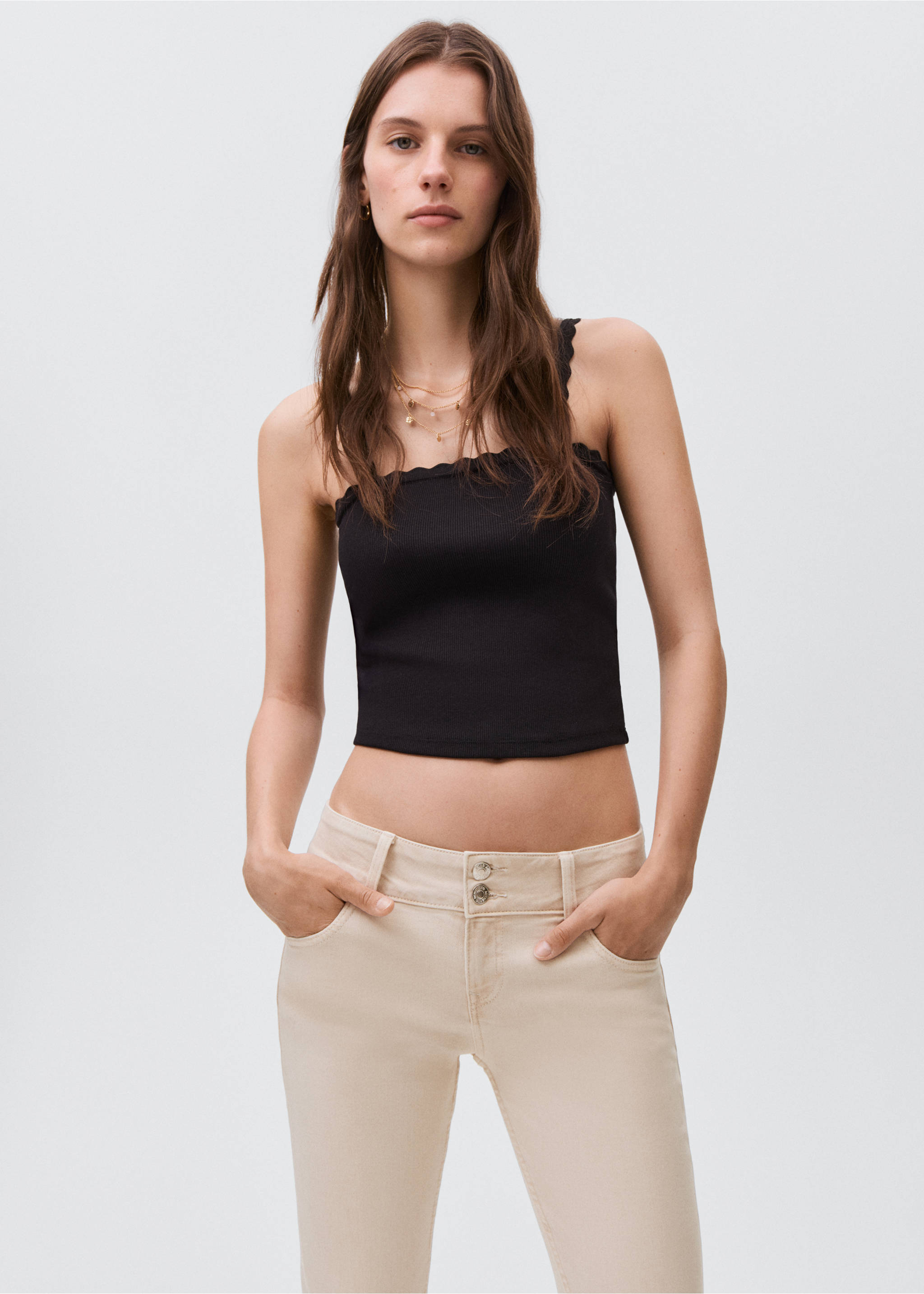 Low-waist flared jeans - Details of the article 3, Beige. Ref: 17001225-00.