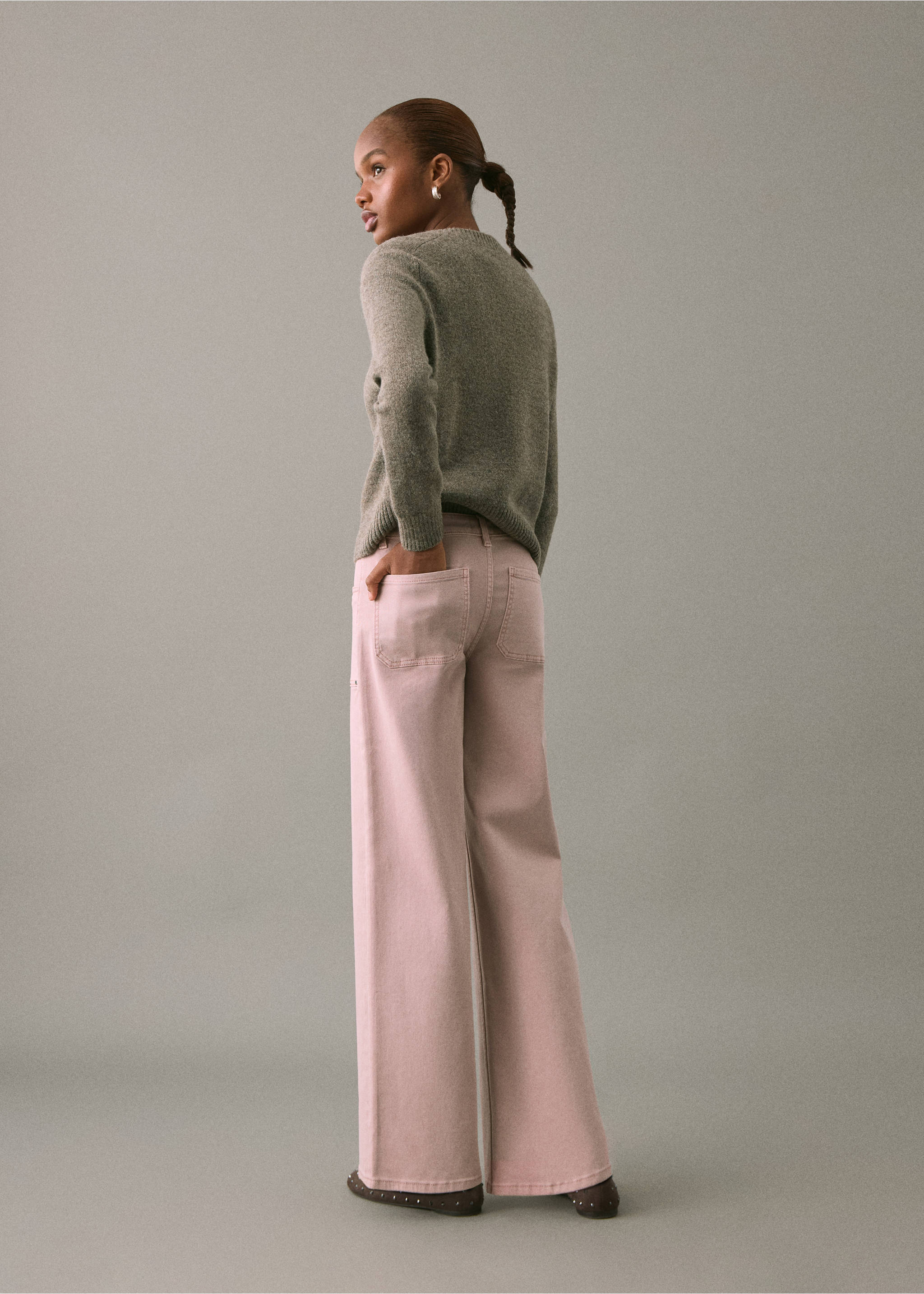 Jean style jupe-culotte clouté - Verso de l’article, Rose pastel. Ref: 17001228-00.