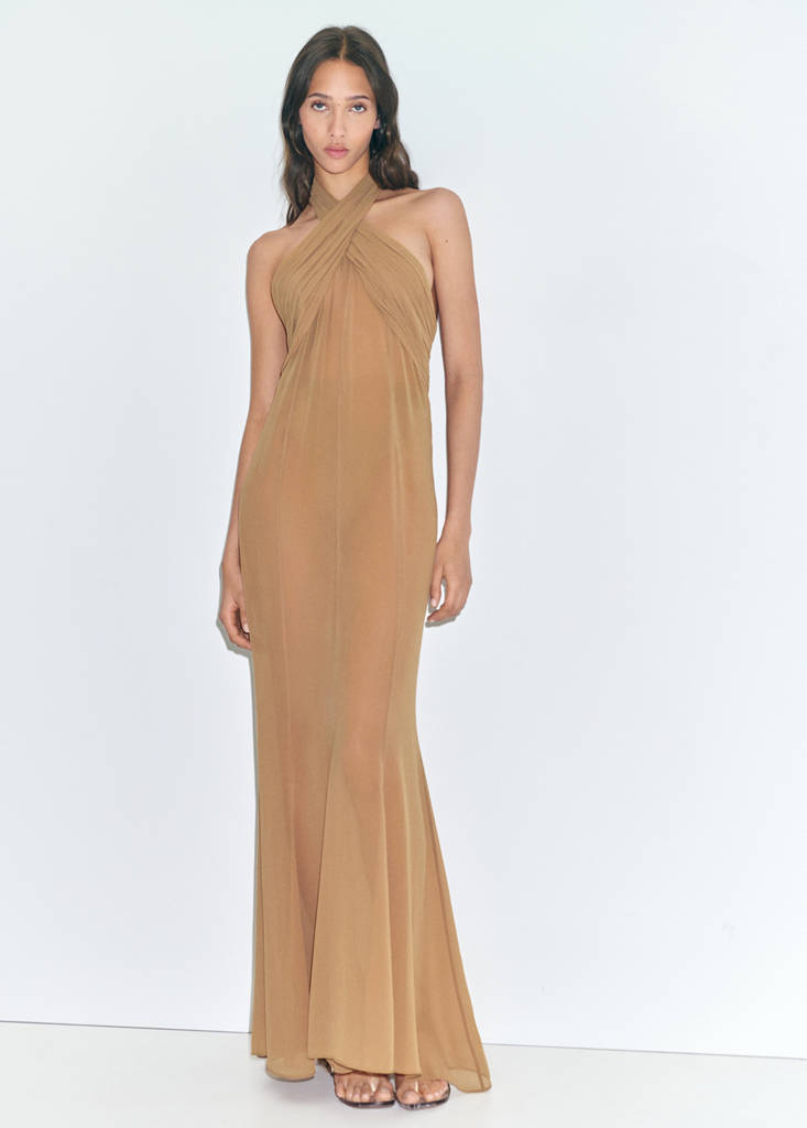 MANGO - Robe longue semi-transparente col croisé nude - M