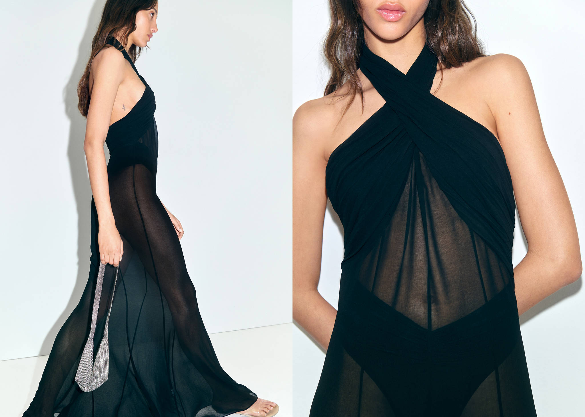 Long semi-transparent dress with crossed neckline - Panoramic plane