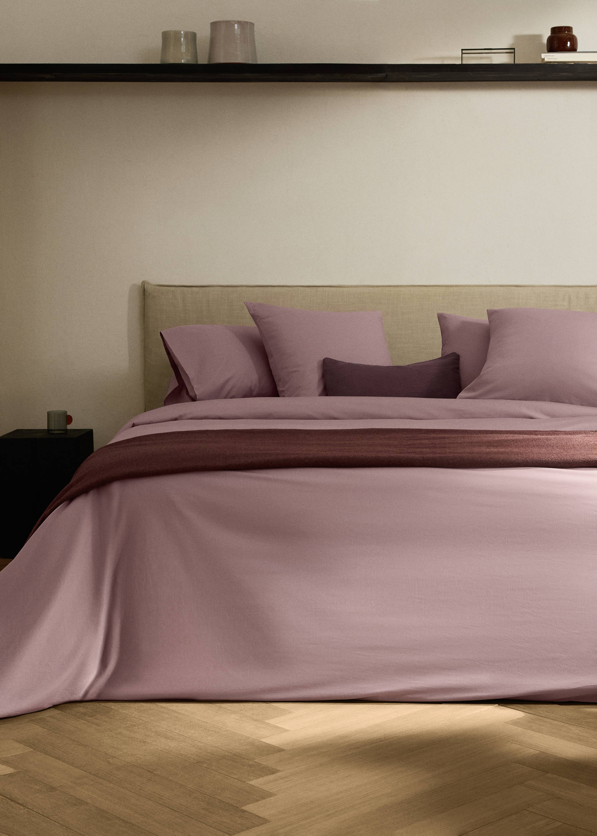 Percale cotton duvet cover with linen trim Queen bed - General plane