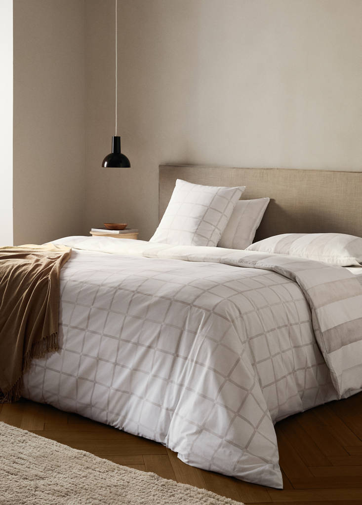 MANGO HOME - Housse de couette percale de coton réversible à rayures et carreaux lit 90 cm beige - Lit 90 cm
