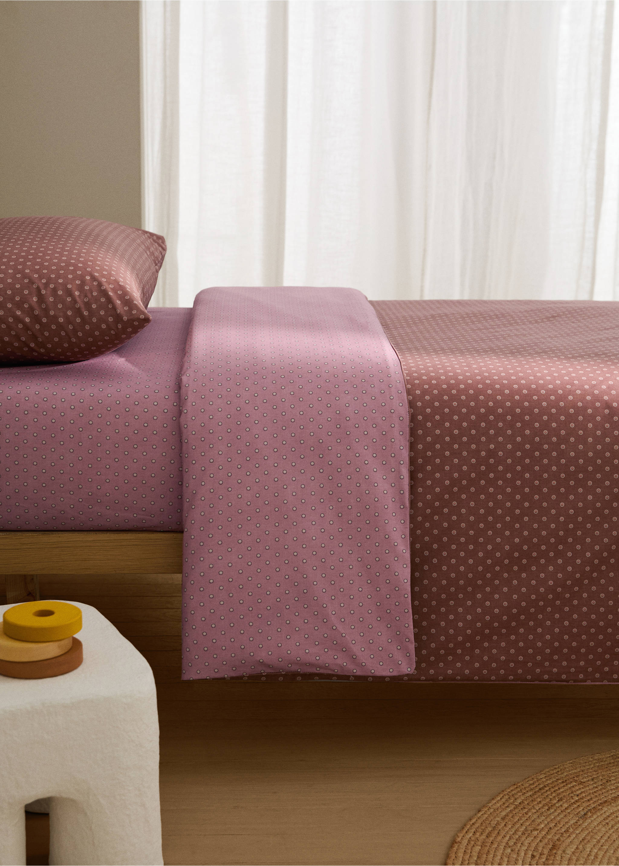 Reversible cotton polka-dot duvet cover for 90 cm bed - General plane, Pink. Ref: 17001631-00.