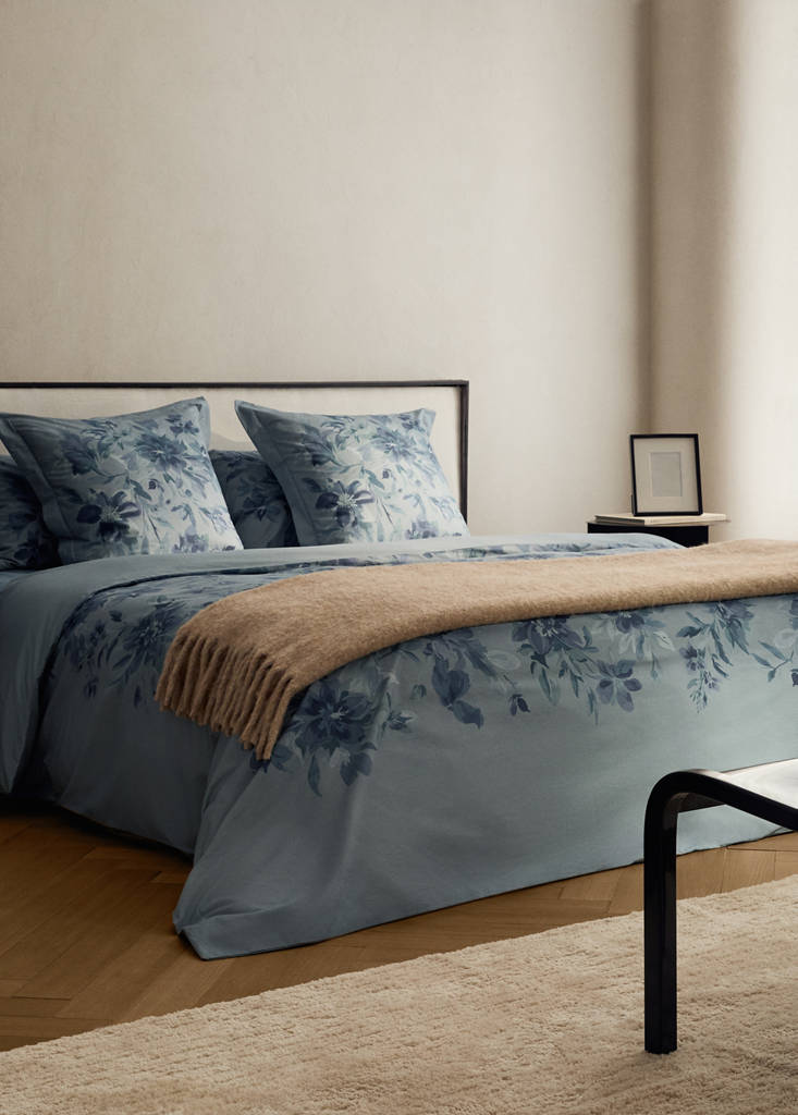 MANGO HOME - Housse de couette percale de coton imprimé fleur aquarelle lit 135/140 cm vert d´eau - Lit 135/140 cm