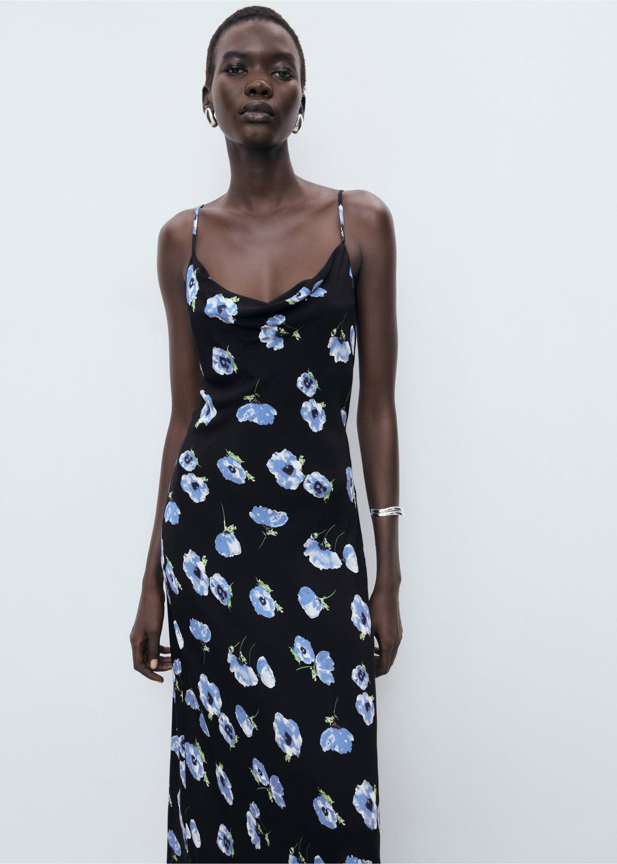 Midi-dress with draped neckline - Medium plane, Black. Ref: 17002542-00.