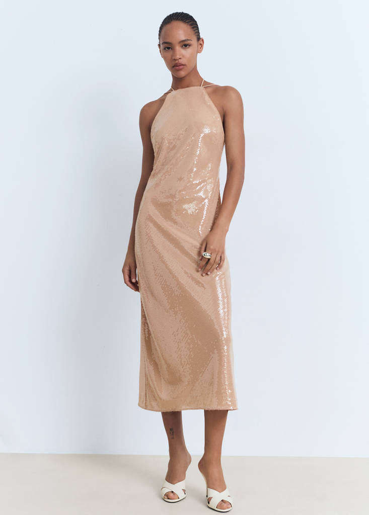 MANGO - Robe sequins à emmanchures américaines nude - L