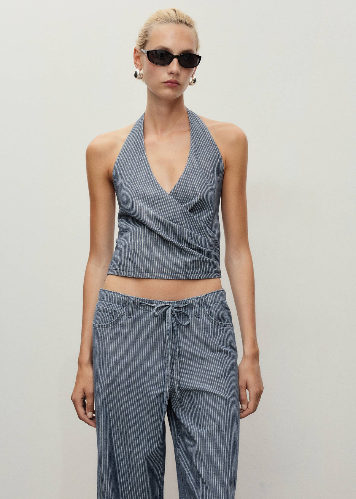 Striped crossover denim top — Blue