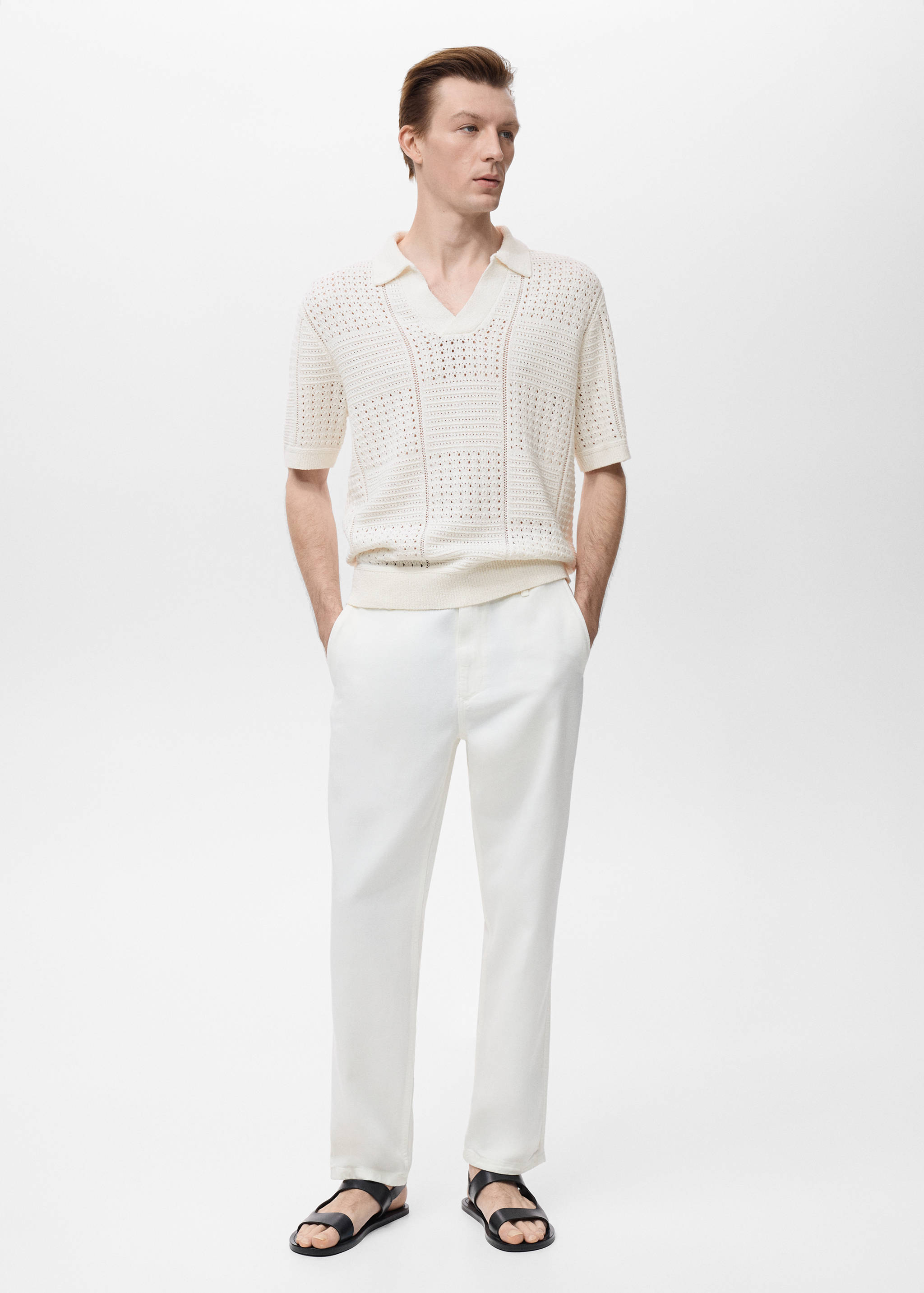 Knitted cotton polo shirt with lace pattern - General plane