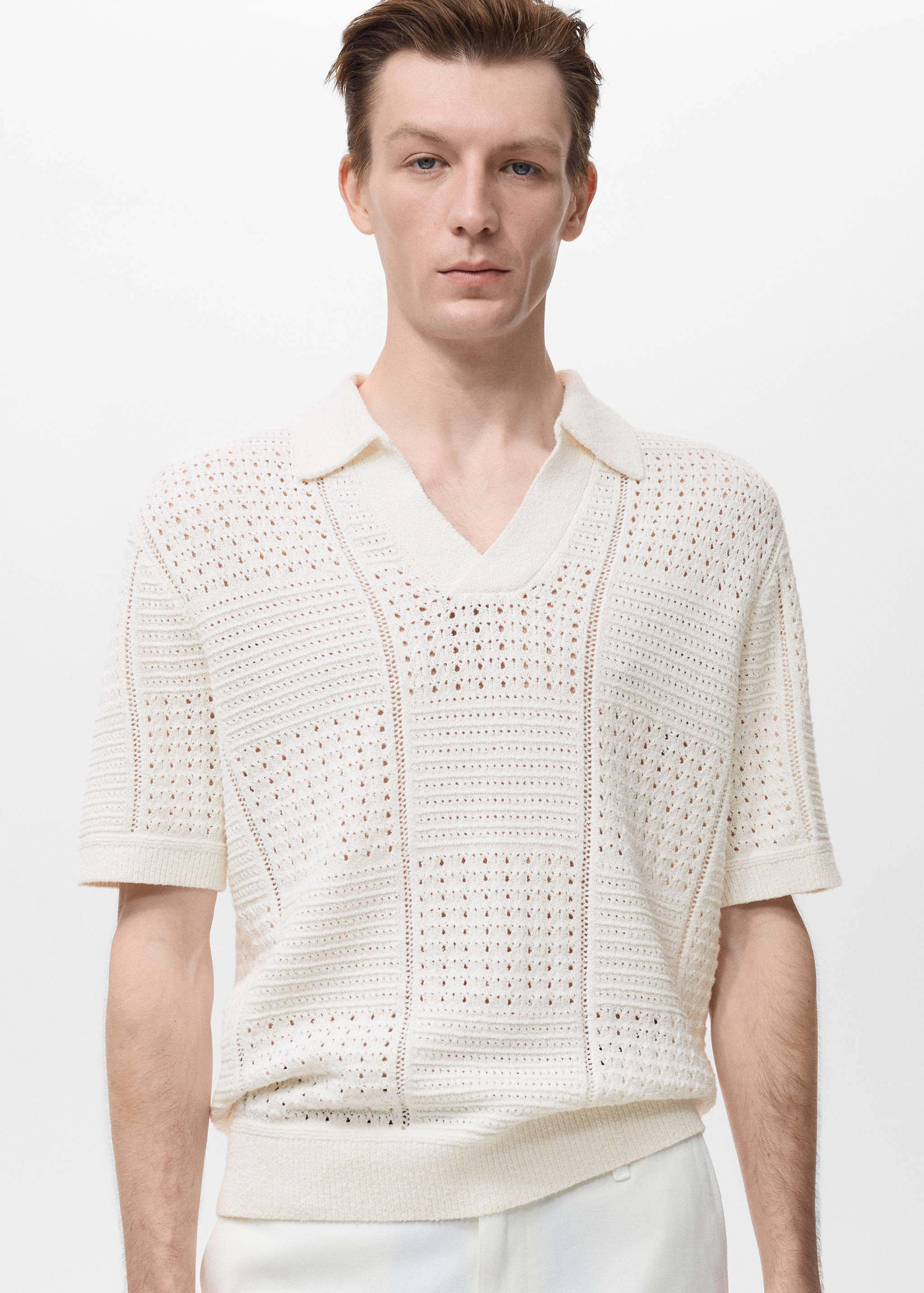 Knitted cotton polo shirt with lace pattern - Medium plane