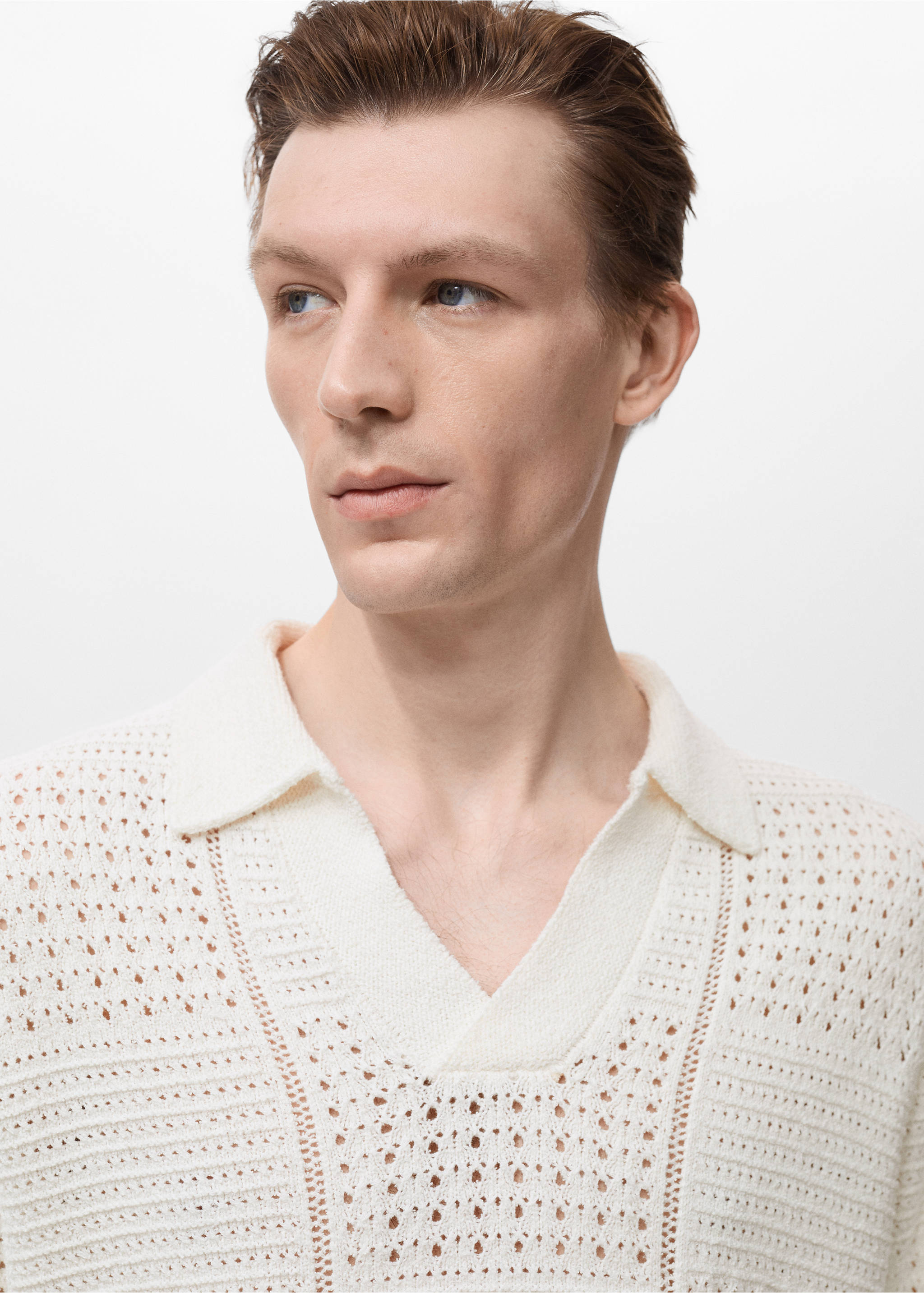 Openwork knitted cotton polo shirt - Details of the article 1, Off White. Ref: 17002907-00.