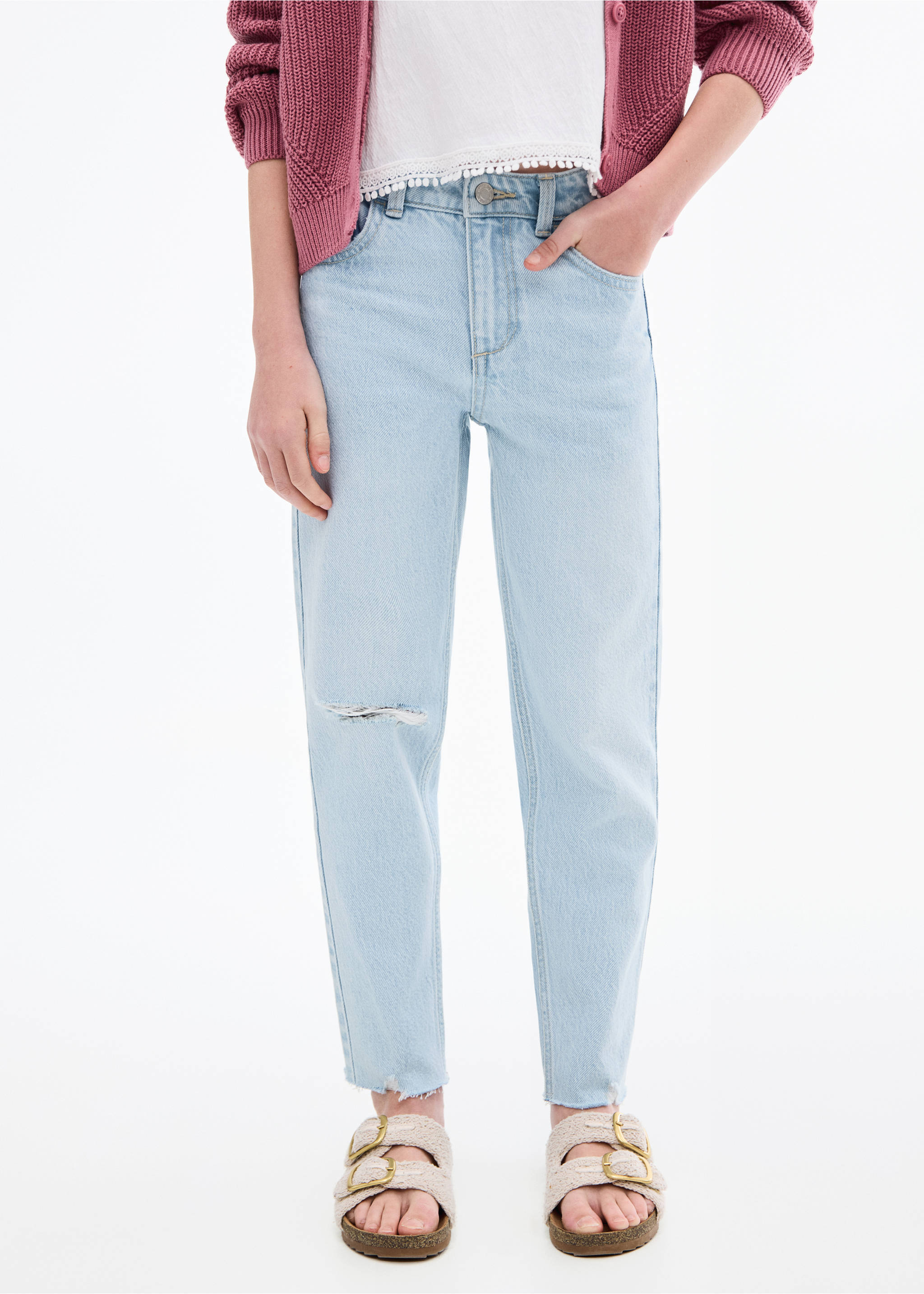 Mom fit decorative rips jeans - Details of the article 3, Light Blue. Ref: 17003279-00.