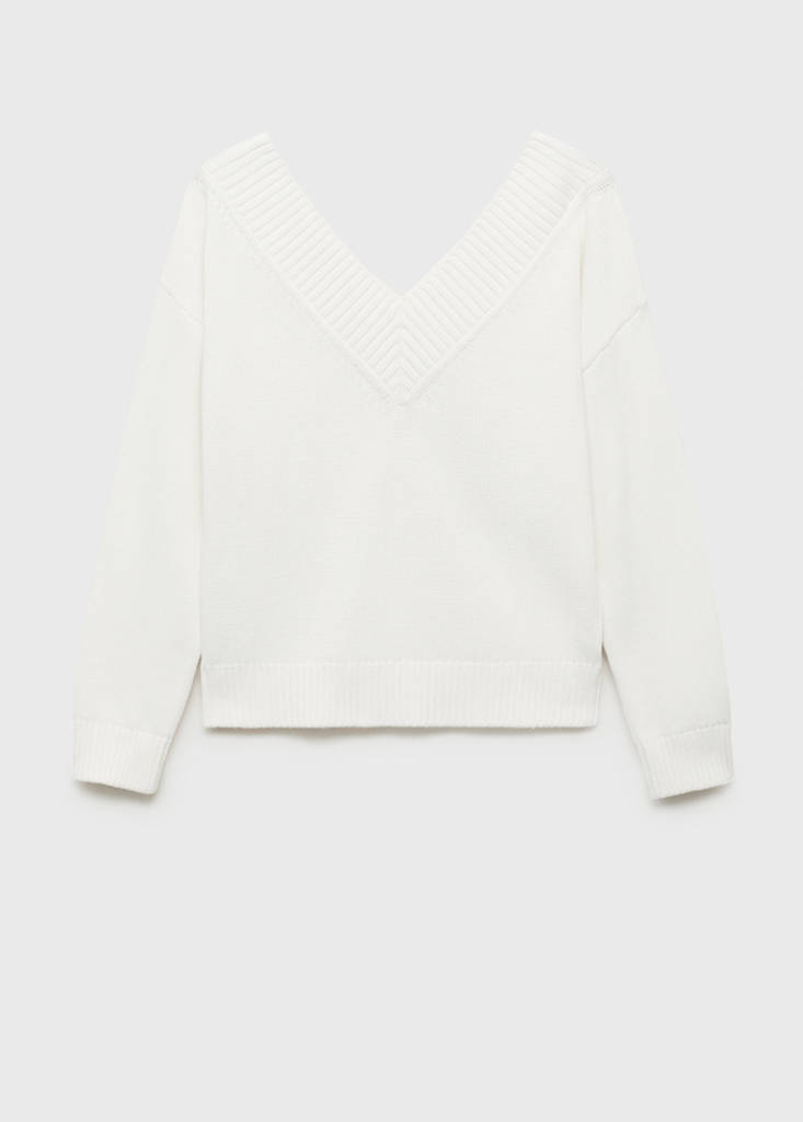 V-neck knit sweater — White