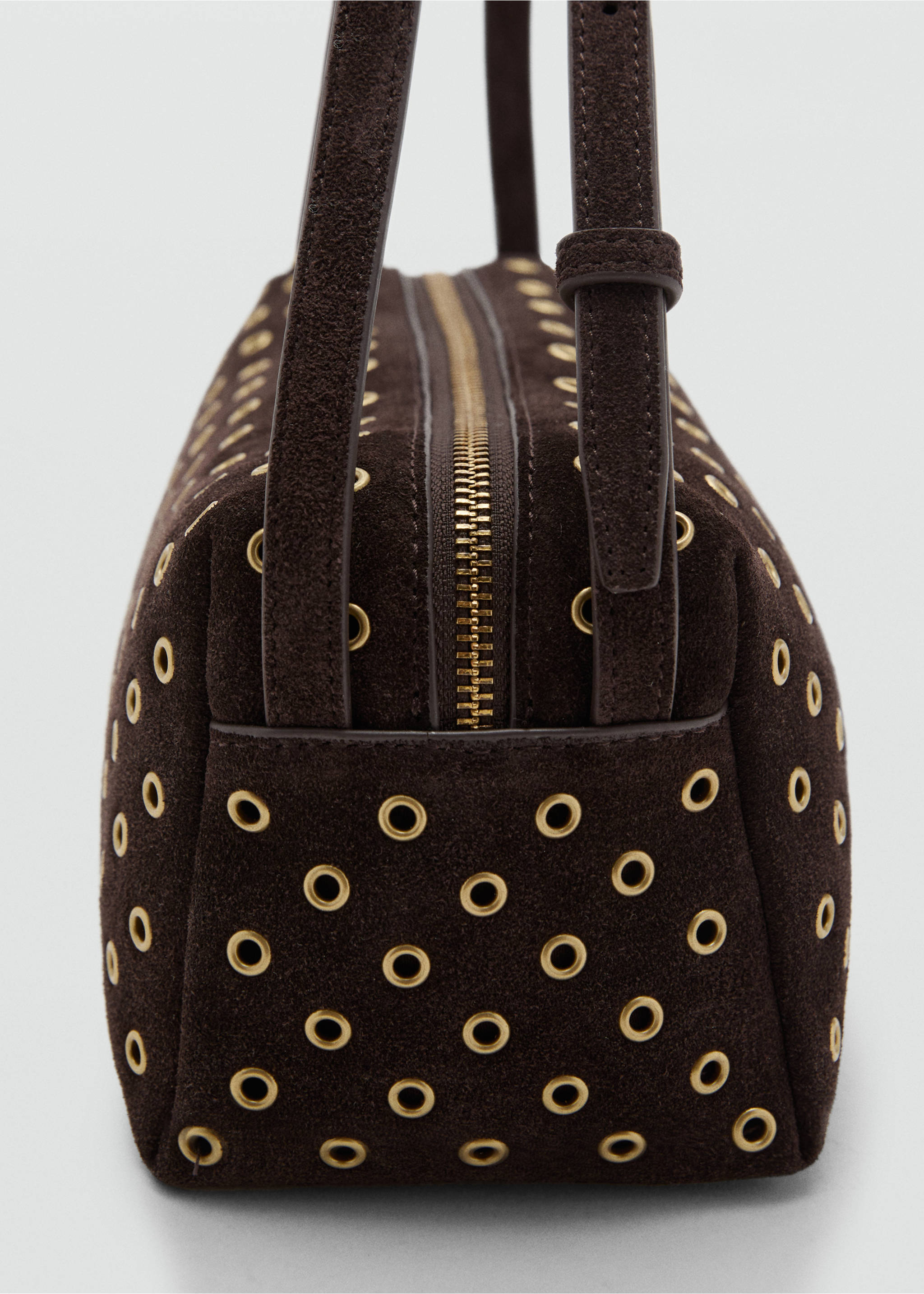 Suede shoulder bag with eyelets - Details of the article 1, Chocolate. Ref: 17004445-00.