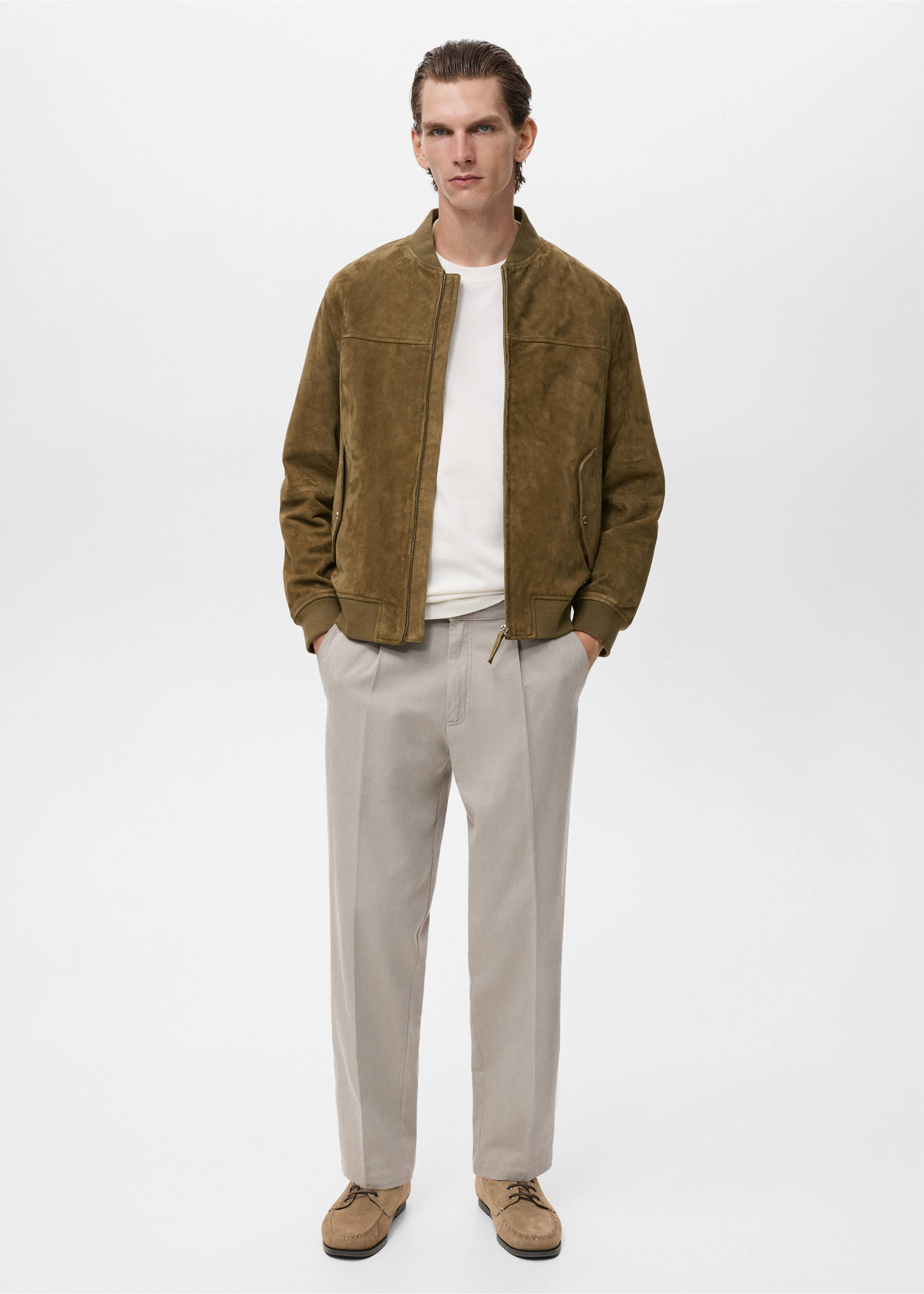 Куртка-бомбер из натуральной замши - Общий план, Хаки. Ref: 17005141-00.