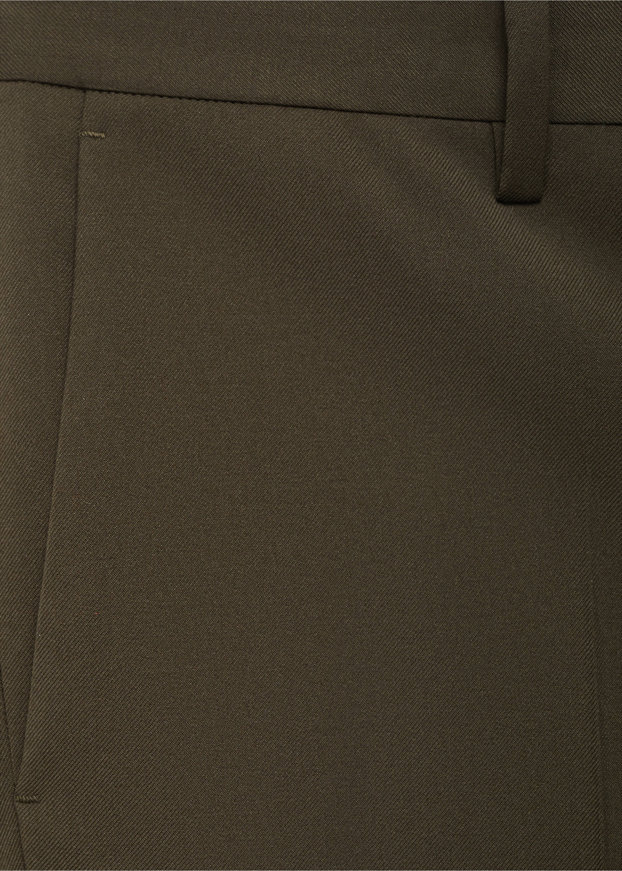 Close-up of dark khaki green men's trousers with twill texture and side pocket., Khaki. Ref: 17005157-01.