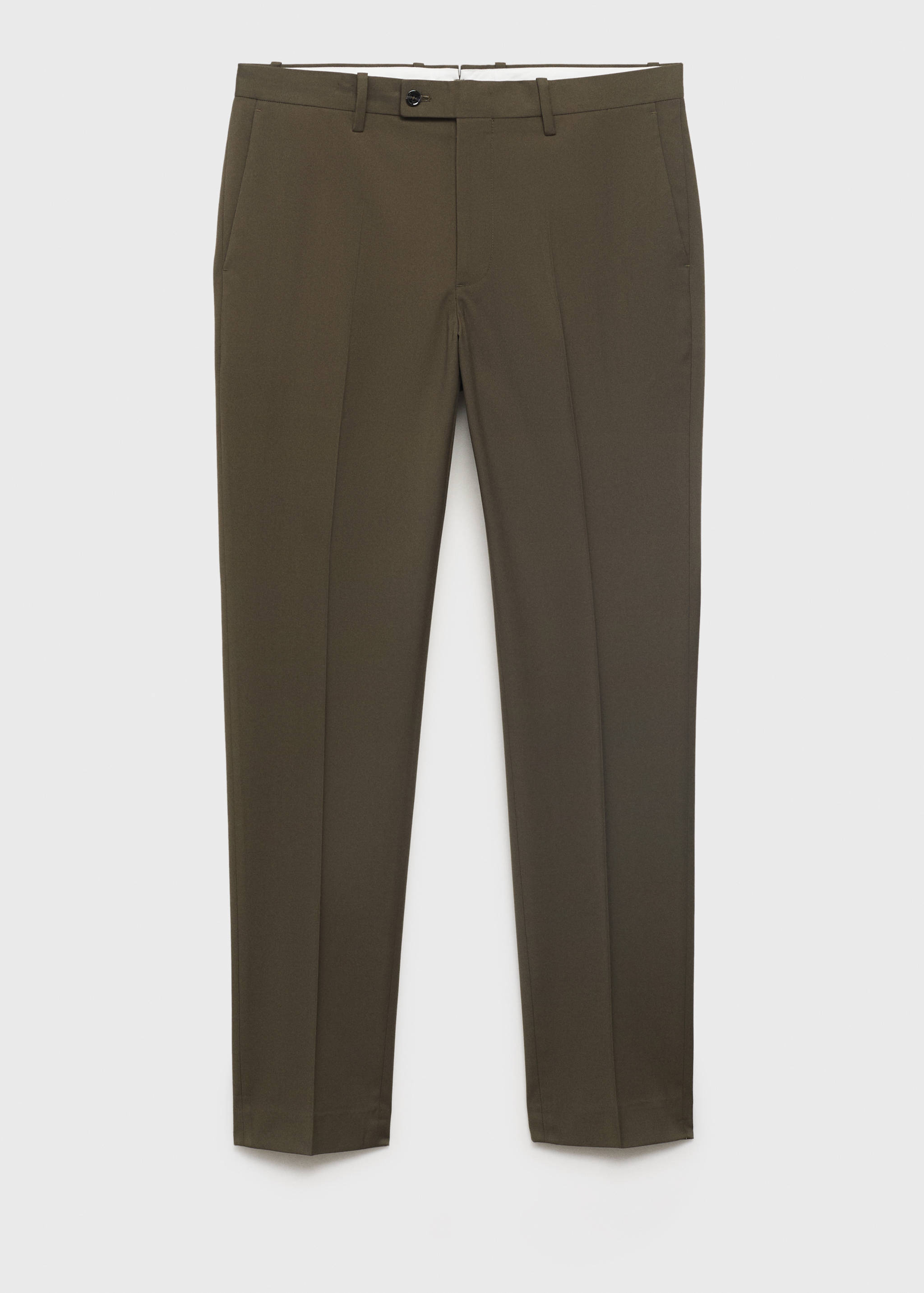 Dark olive green tailored trousers with straight legs and front creases.