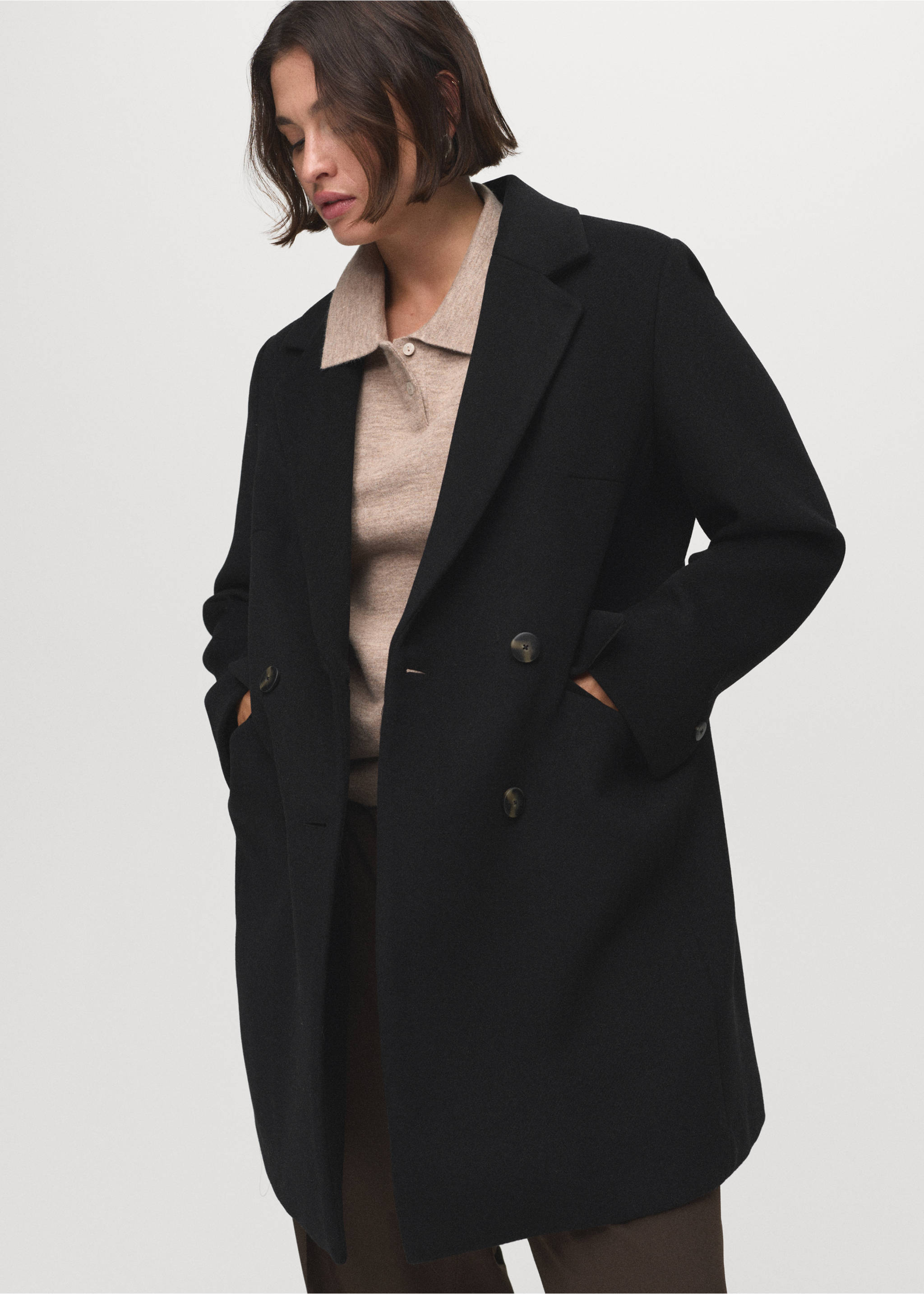 Double-breasted wool coat - Details of the article 5, Black. Ref: 17005797-00.