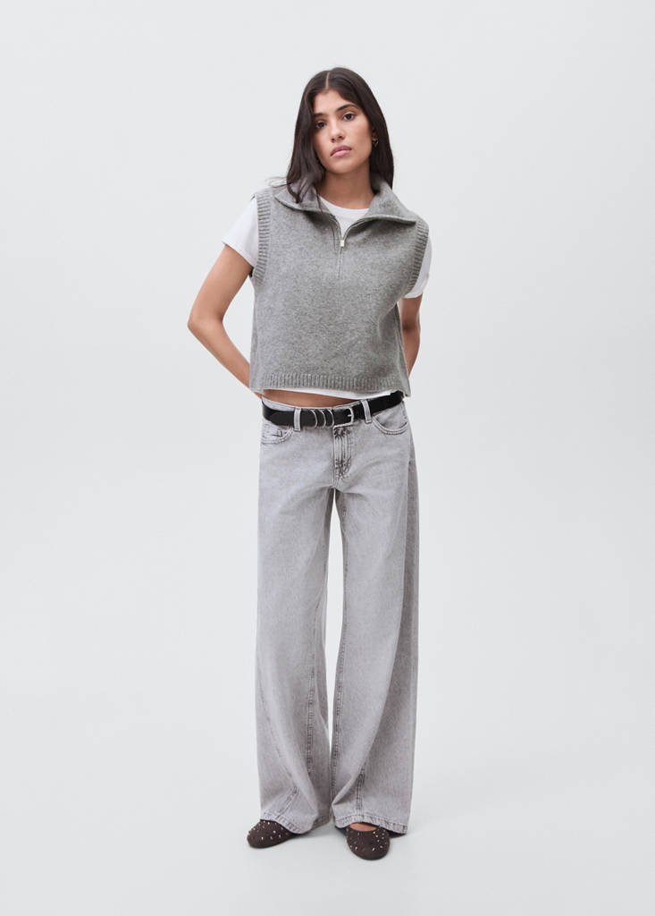 Perkins-neck knitted waistcoat — Medium Heather Grey