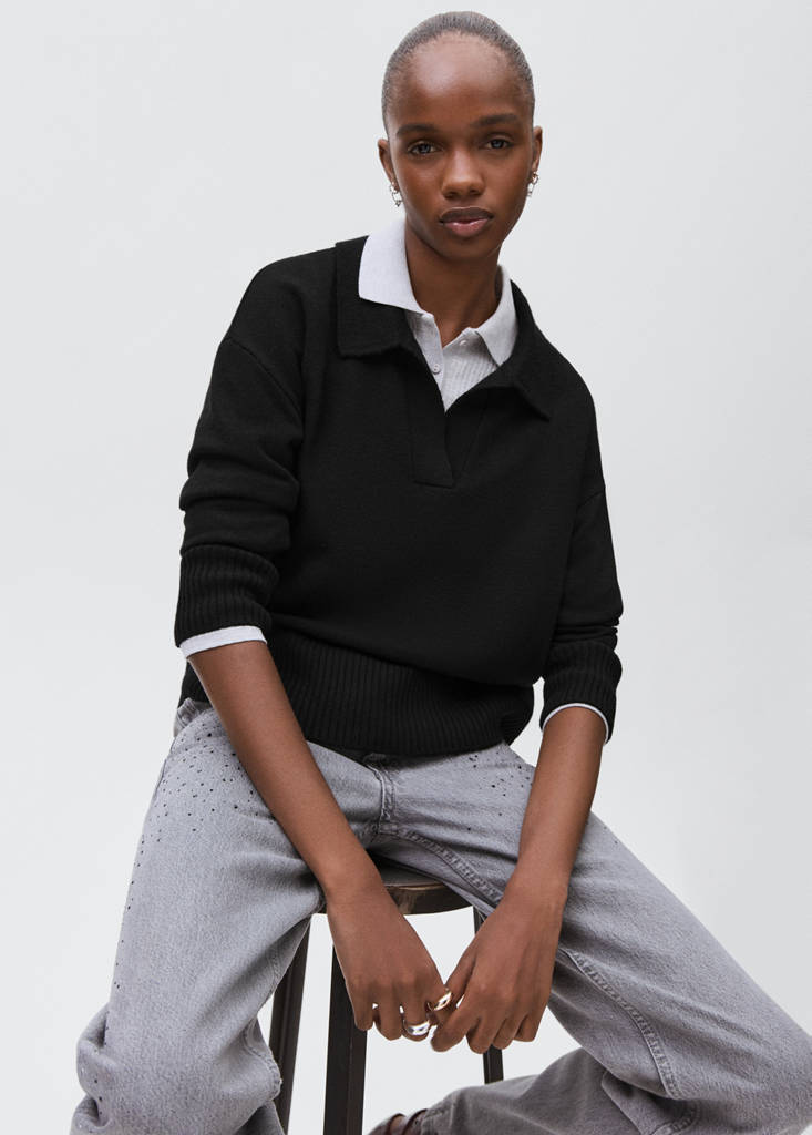 Knitted polo-neck sweater — Black