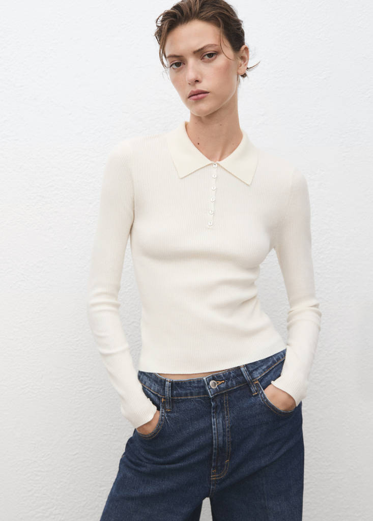 Polo-neck ribbed sweater — Ecru