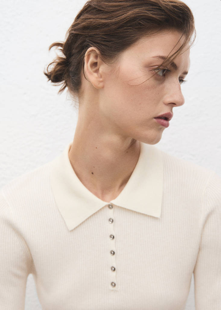 Polo-neck ribbed sweater — Ecru