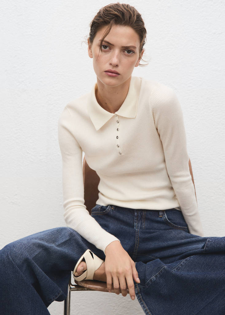 Polo-neck ribbed sweater — Ecru