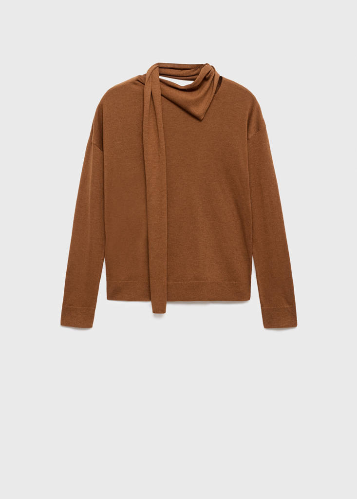Fine-knit sweater with scarf — Medium Brown