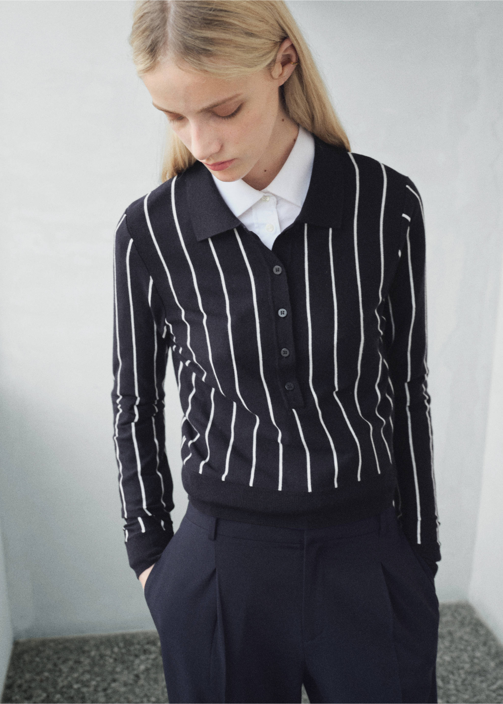 Striped polo-neck sweater - Medium plane, Navy. Ref: 17005827-00.