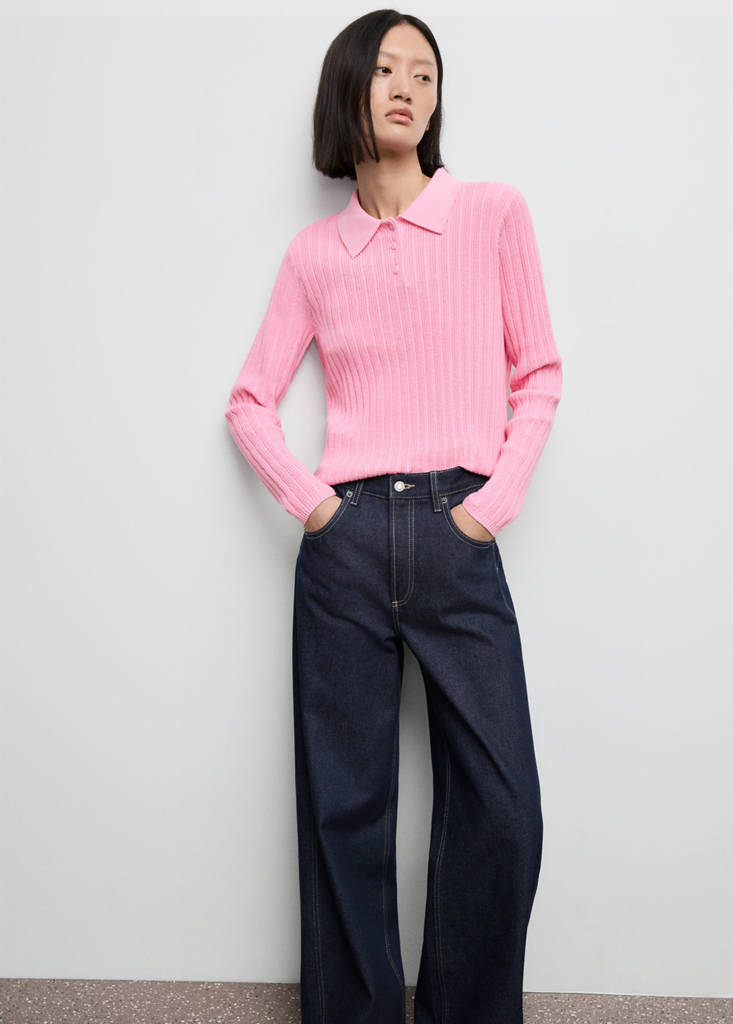 Polo-neck ribbed sweater — Pink
