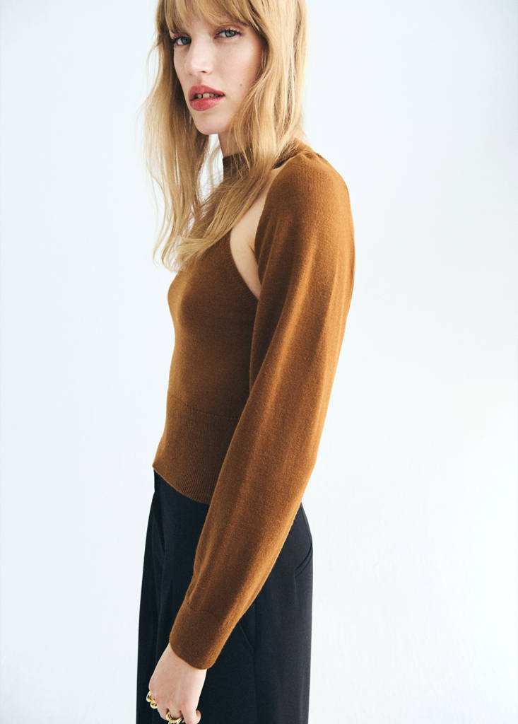 Sweater with cardigan-style detailing — Medium Brown
