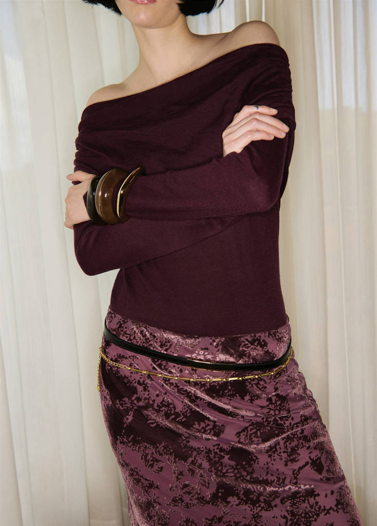 Fitted sweater with draped neckline — Wine