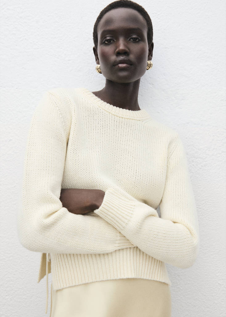 Knitted sweater with tie slits — Ecru