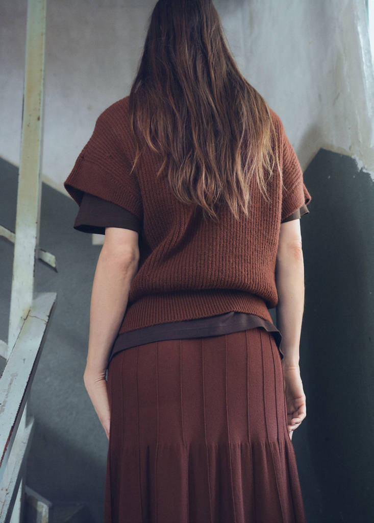 Perkins-neck short-sleeved sweater — Brown