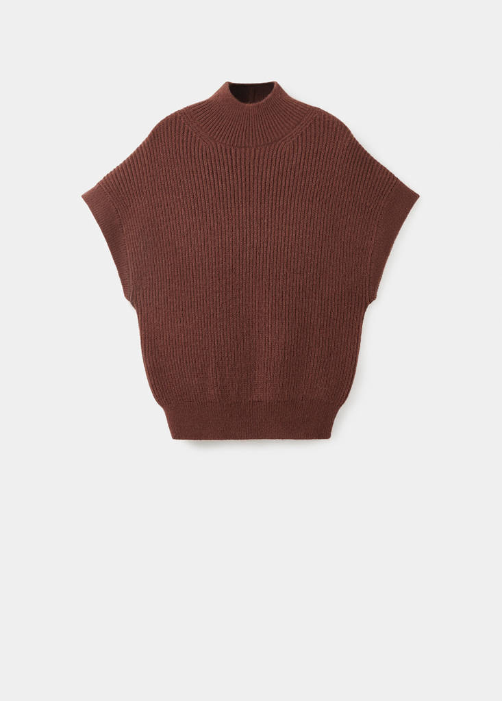 Perkins-neck short-sleeved sweater — Brown