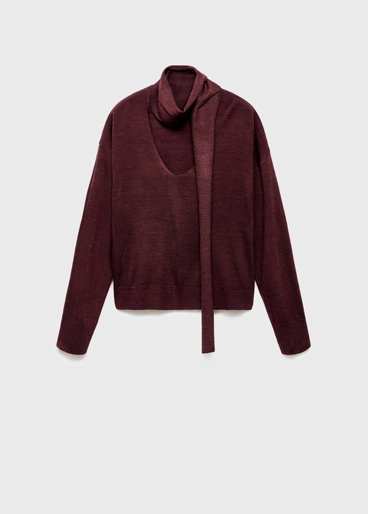 V-neck sweater with scarf — Wine