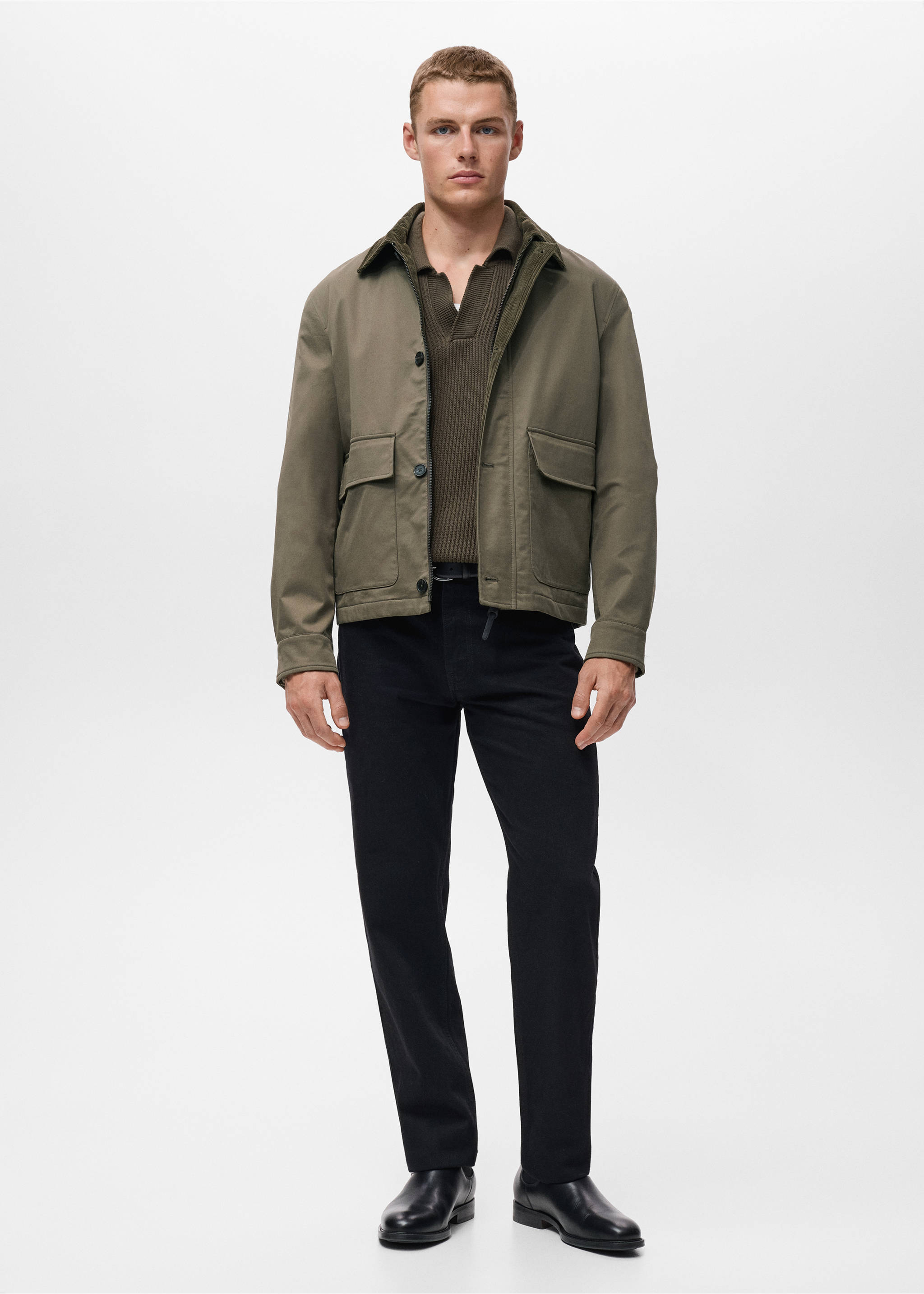 Water-repellent jacket with corduroy collar - General plane, Olive Green. Ref: 17005973-01.