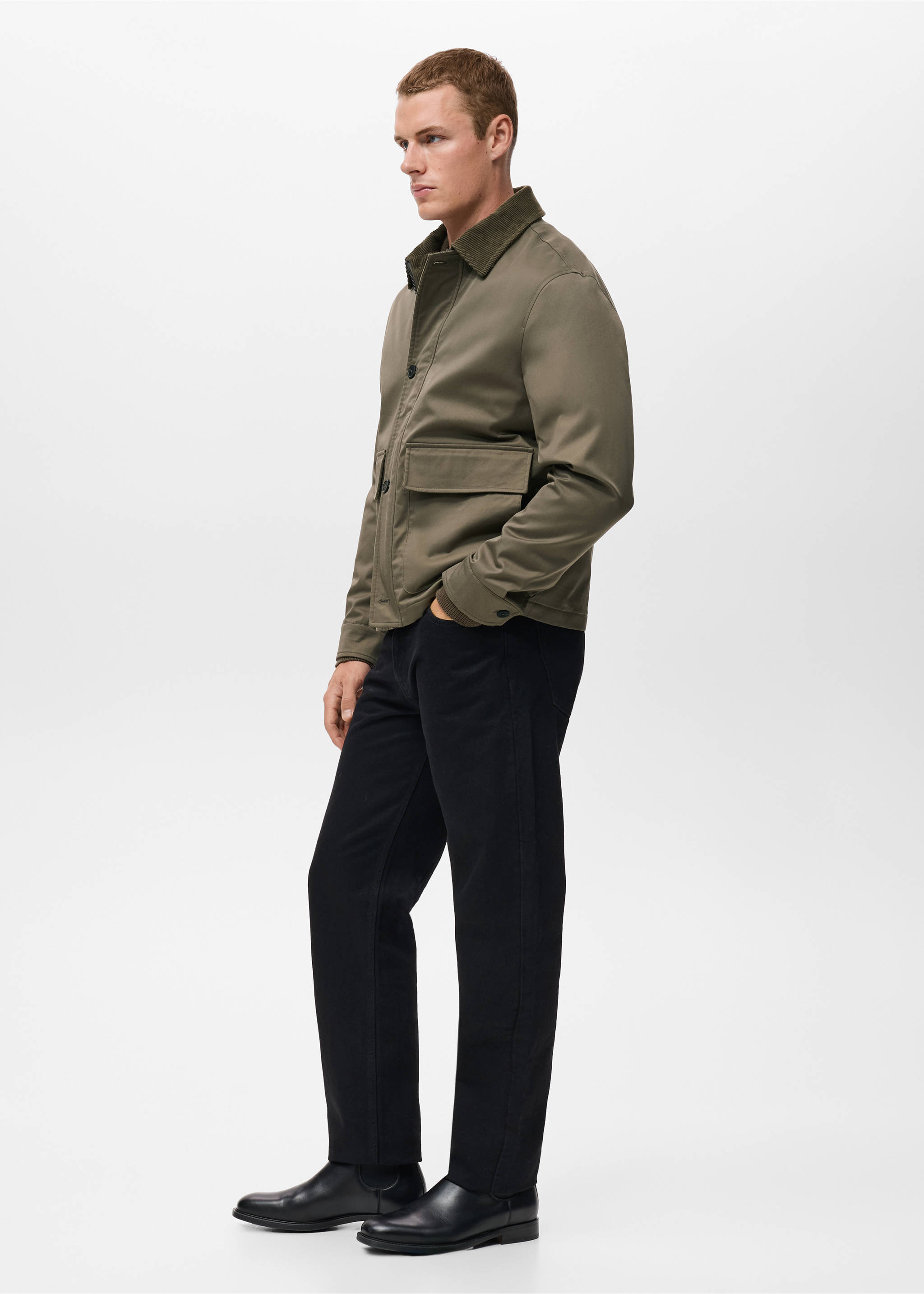 Water-repellent jacket with corduroy collar - Details of the article 2, Olive Green. Ref: 17005973-01.