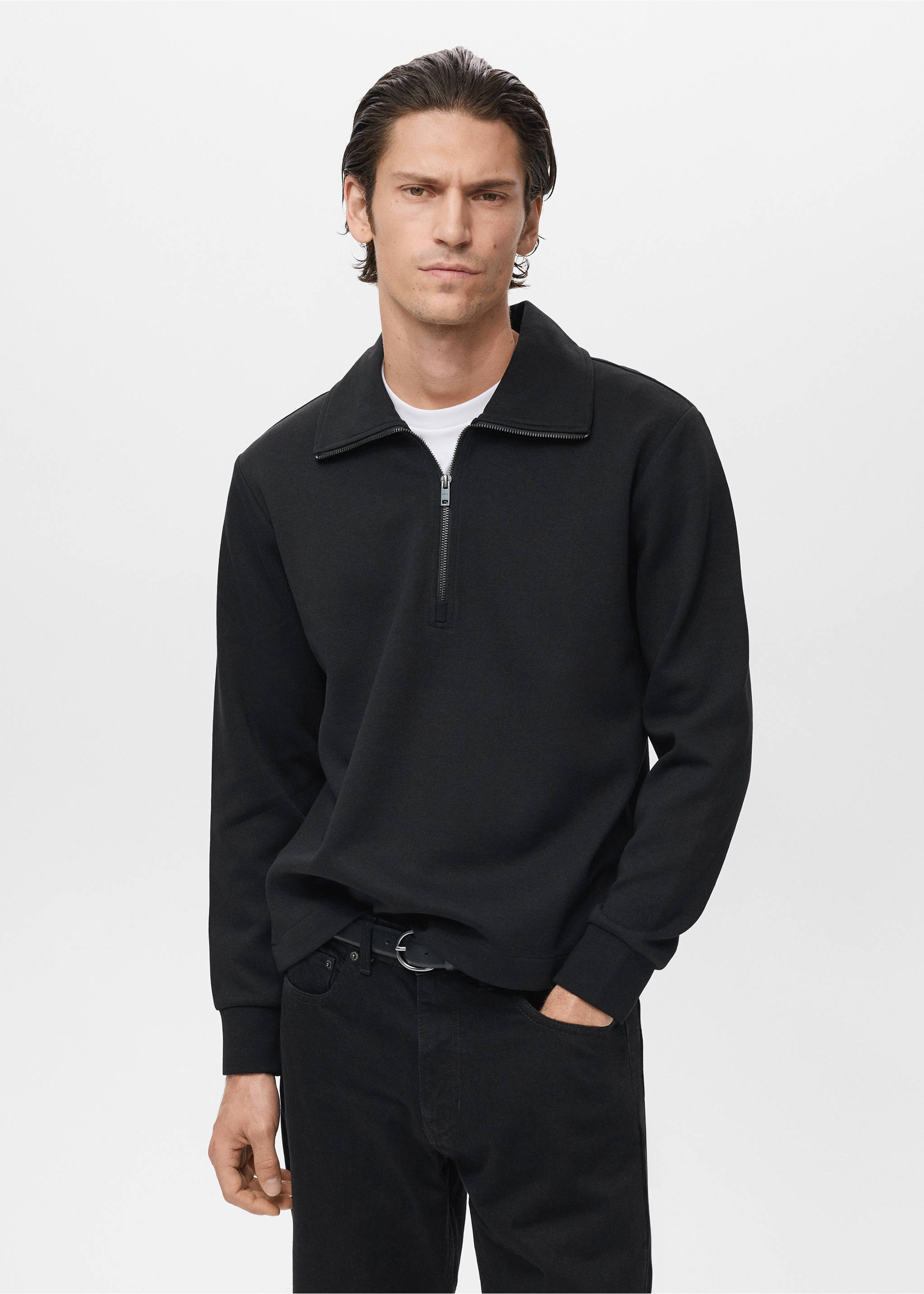 Sweat-shirt coton col zippé - Plan moyen, Noir. Ref: 17005985-00.