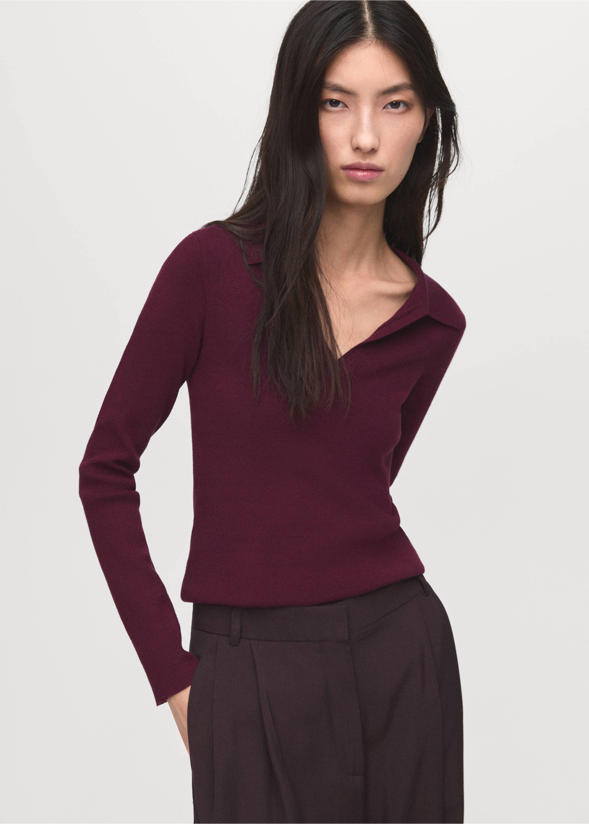 Long-sleeved polo-neck sweater - Medium plane, Maroon. Ref: 17006363-00.