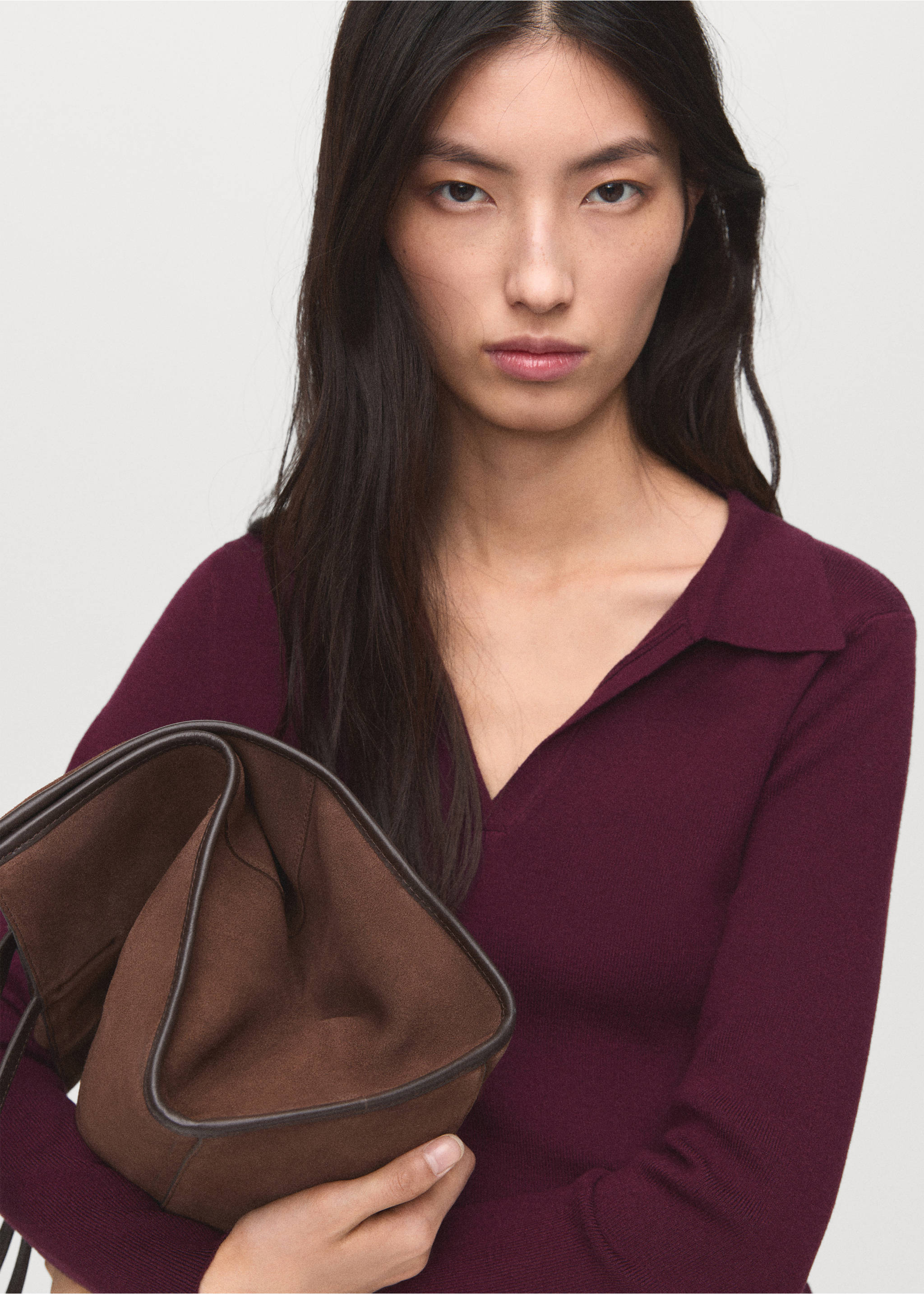 Long-sleeved polo-neck sweater - Details of the article 1, Maroon. Ref: 17006363-00.