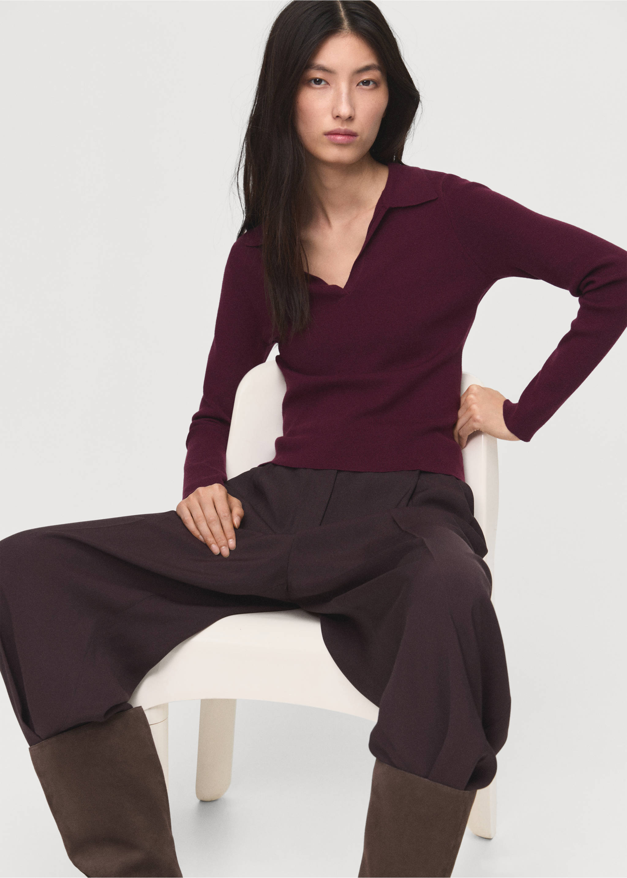 Long-sleeved polo-neck sweater - Details of the article 2, Maroon. Ref: 17006363-00.