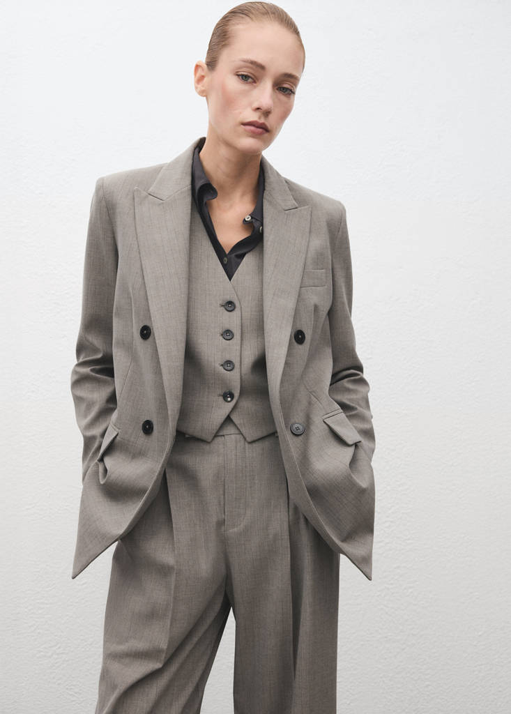 MANGO - Blazer de costume en laine mélangée double boutonnage gris - L