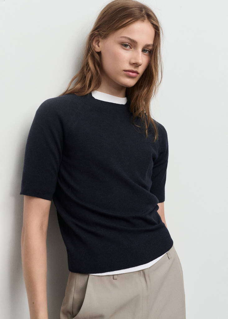 Short-sleeved wool-blend sweater — Navy