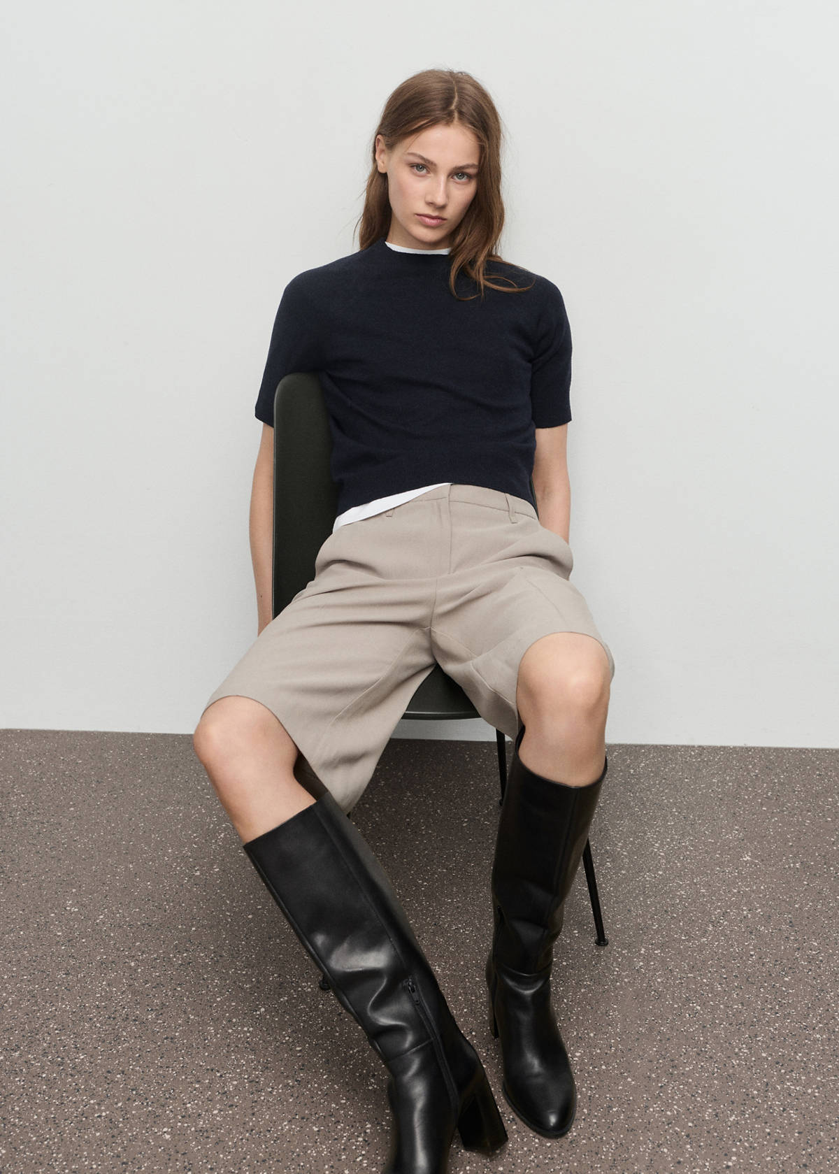 Short-sleeved wool-blend sweater — Navy
