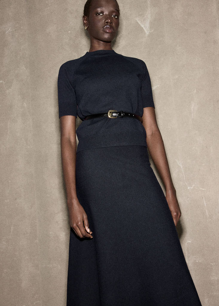 Short-sleeved wool-blend sweater — Navy